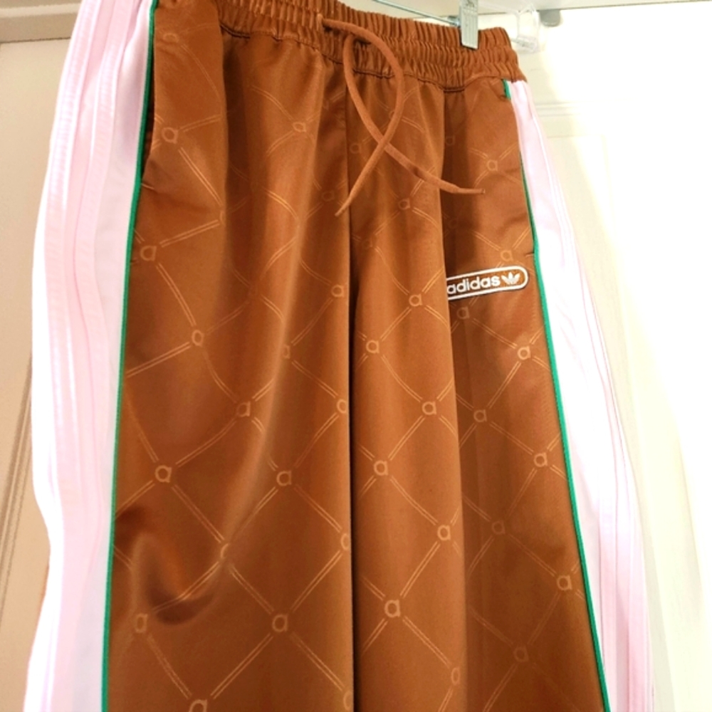 ADIDAS Wide Leg Carmel Brown Pink 3 Stripe Baggy High Rise Bell Hem Sport Pant M - Picture 7 of 16